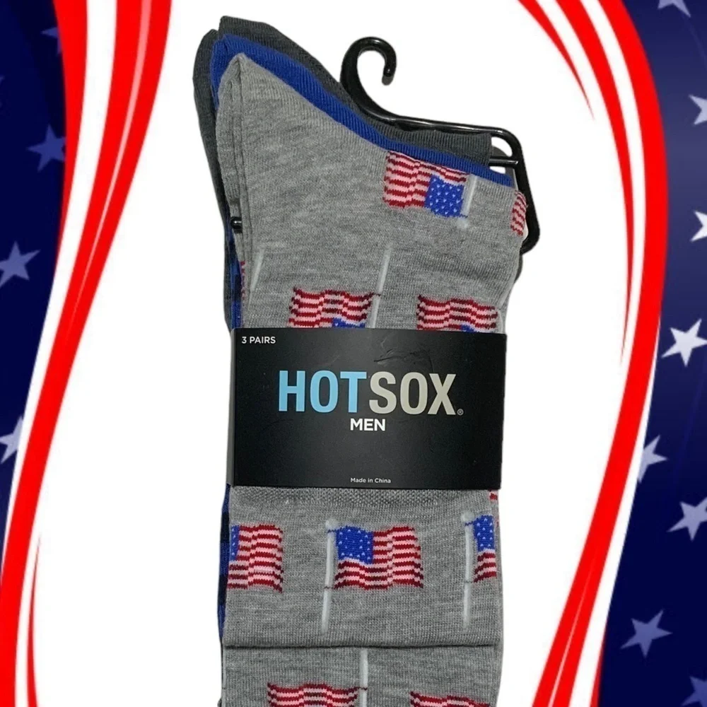 Hot Sox 3 Pack Flag Patriotic Theme Novelty Dress Crew Socks Gift Men’s Unisex